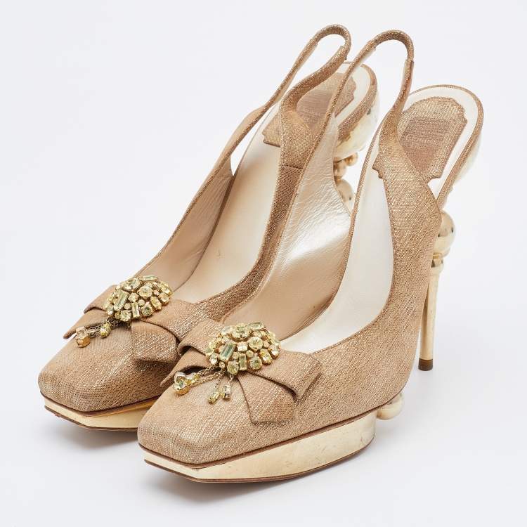 Pre Owned Dior Metallic Gold Suede Platform Slingback Pumps Size 38.5