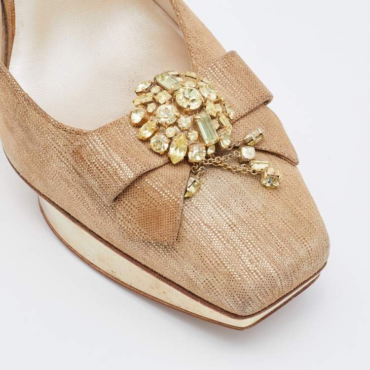 Pre Owned Dior Metallic Gold Suede Platform Slingback Pumps Size 38.5