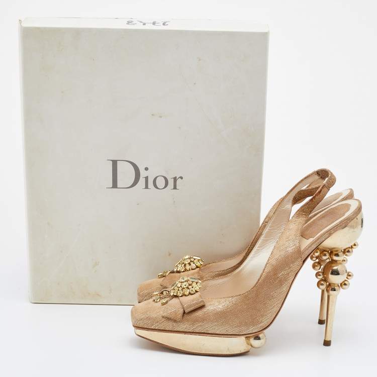Pre Owned Dior Metallic Gold Suede Platform Slingback Pumps Size 38.5