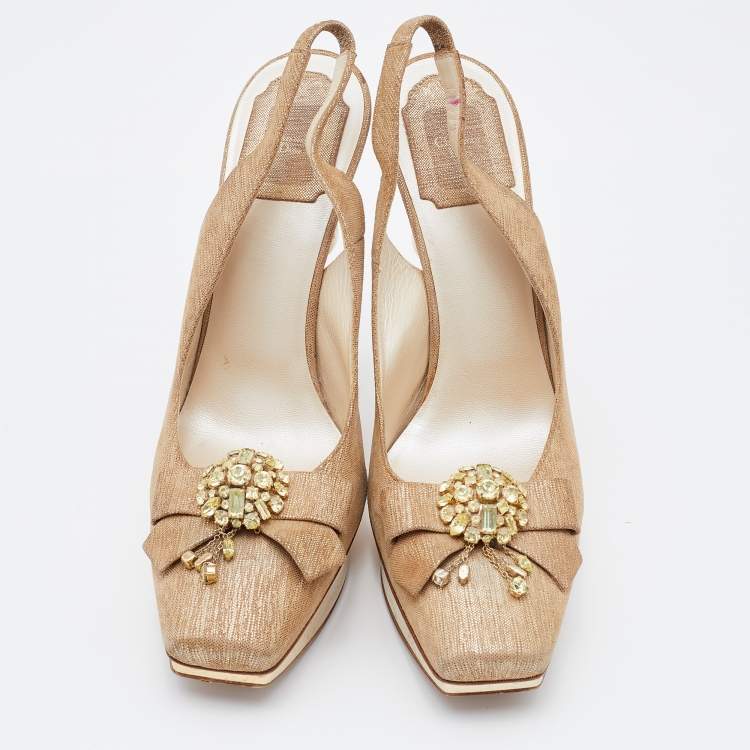 Pre Owned Dior Metallic Gold Suede Platform Slingback Pumps Size 38.5