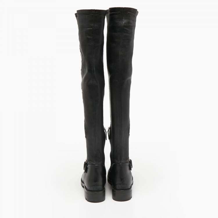 Pre Owned Dior Black Leather Over The Knee Boots Size 38
