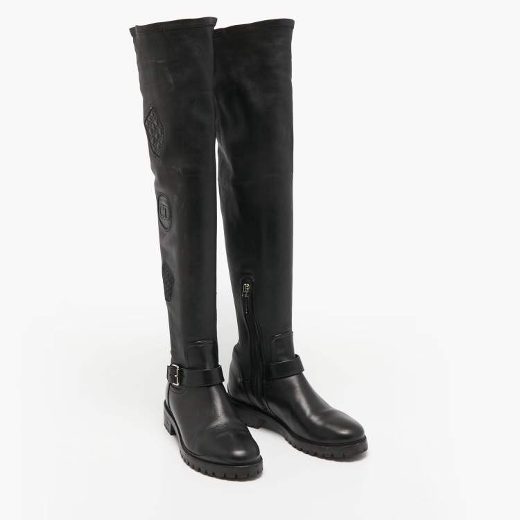 Pre Owned Dior Black Leather Over The Knee Boots Size 38