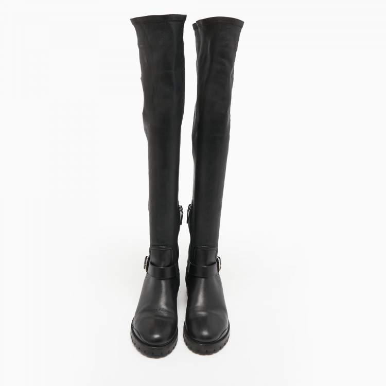 Pre Owned Dior Black Leather Over The Knee Boots Size 38