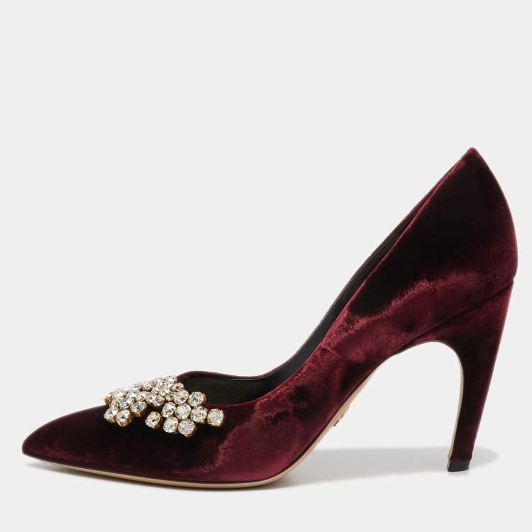 Pre Owned Dior Burgundy Velvet Crystal Embellishments Pumps Size 41 