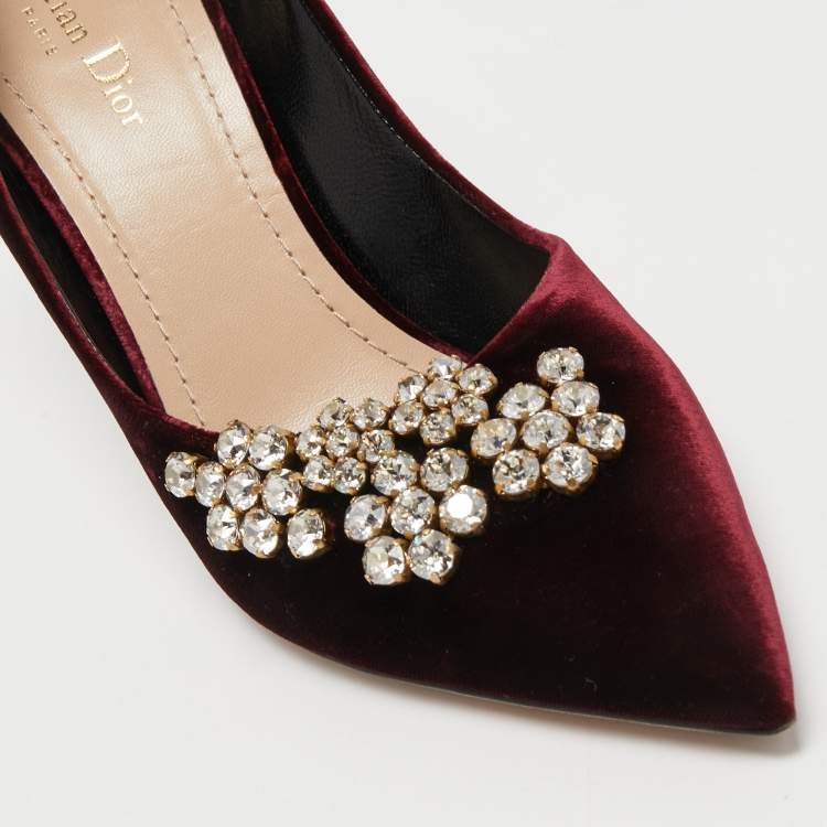 Pre Owned Dior Burgundy Velvet Crystal Embellishments Pumps Size 41 