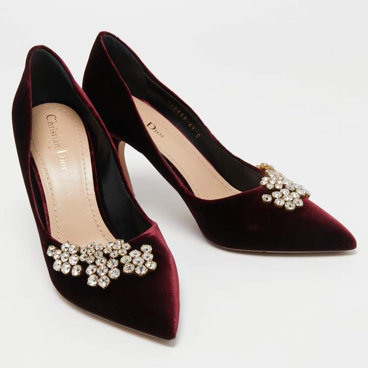 Pre Owned Dior Burgundy Velvet Crystal Embellishments Pumps Size 41 