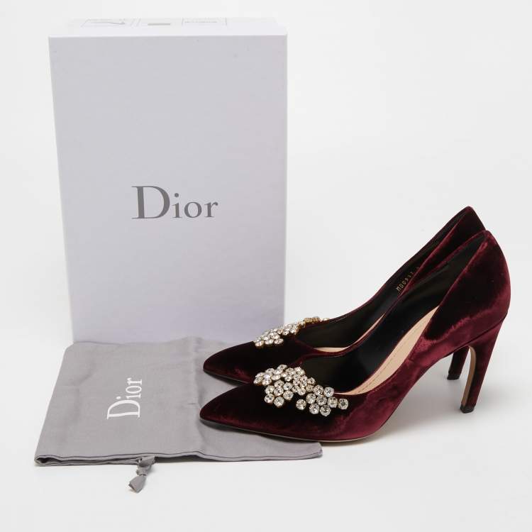 Pre Owned Dior Burgundy Velvet Crystal Embellishments Pumps Size 41 