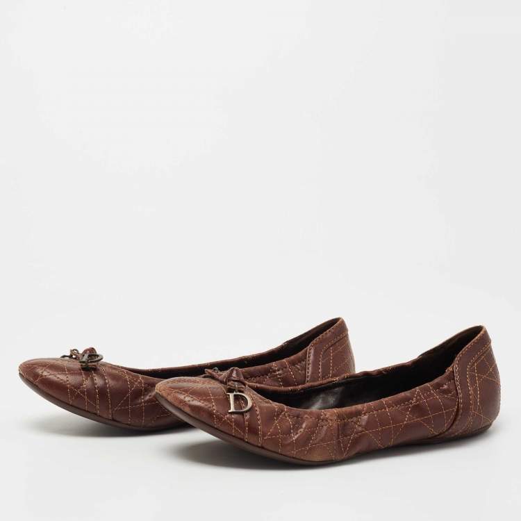 Pre Owned Dior Brown Cannage Leather Bow Ballet Flats Size 38