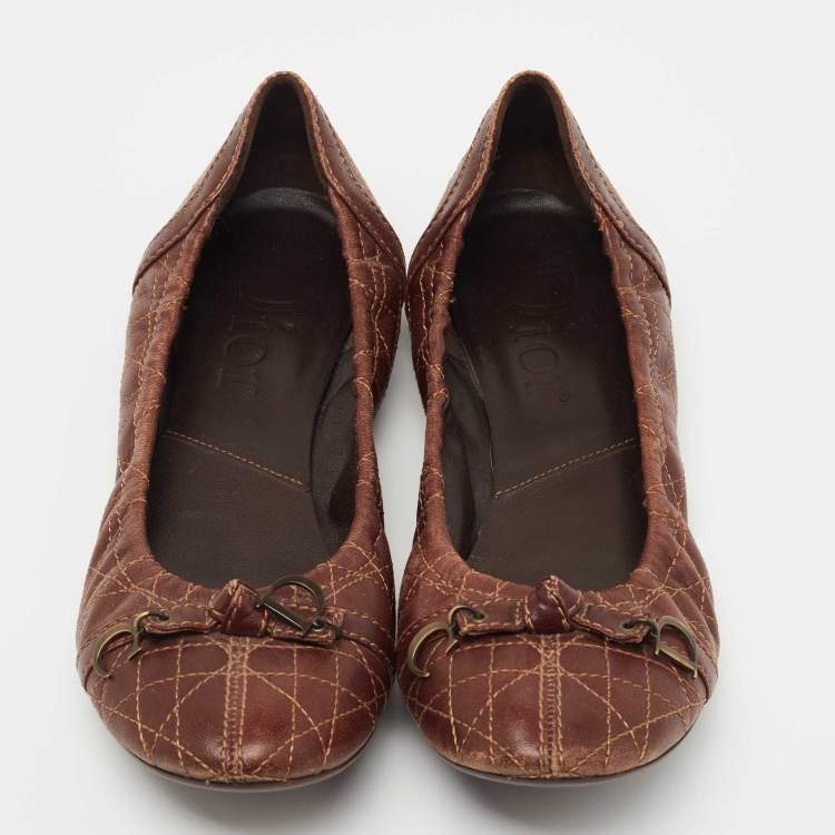Pre Owned Dior Brown Cannage Leather Bow Ballet Flats Size 38