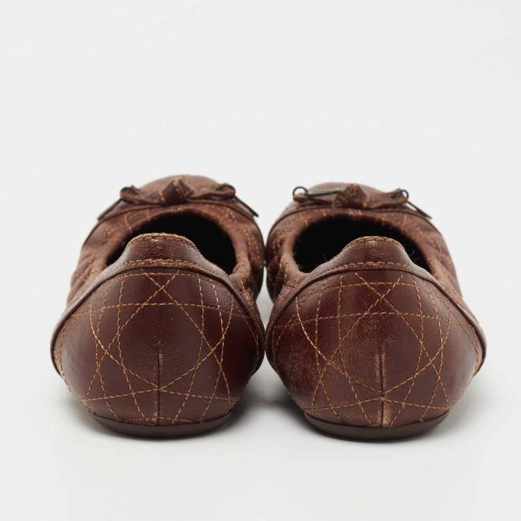 Pre Owned Dior Brown Cannage Leather Bow Ballet Flats Size 38