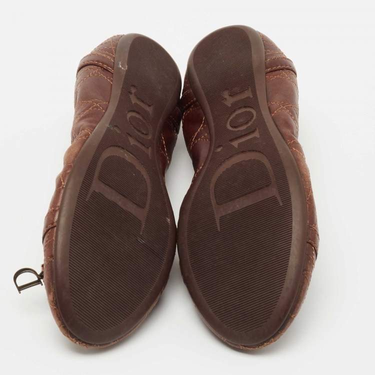 Pre Owned Dior Brown Cannage Leather Bow Ballet Flats Size 38