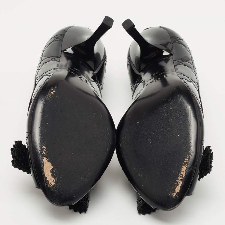 Pre Owned Christian Dior Black Patent Cannage Leather Bow Peep Toe Pumps Size 38
