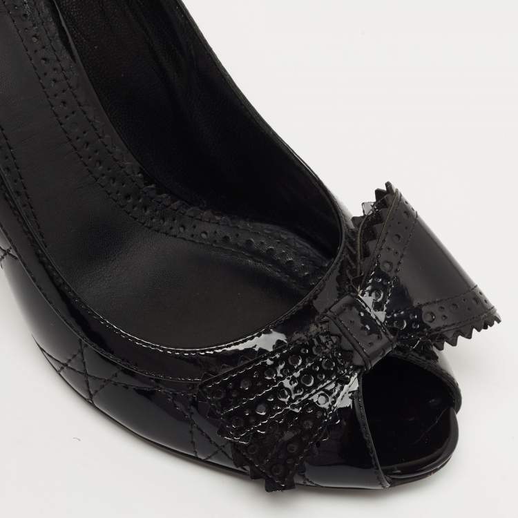 Pre Owned Christian Dior Black Patent Cannage Leather Bow Peep Toe Pumps Size 38