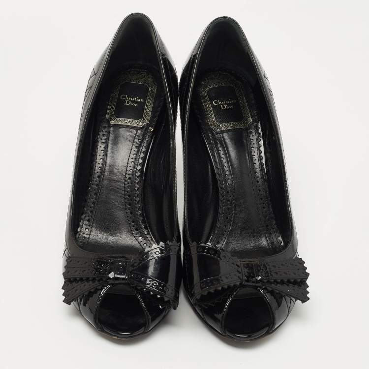 Pre Owned Christian Dior Black Patent Cannage Leather Bow Peep Toe Pumps Size 38