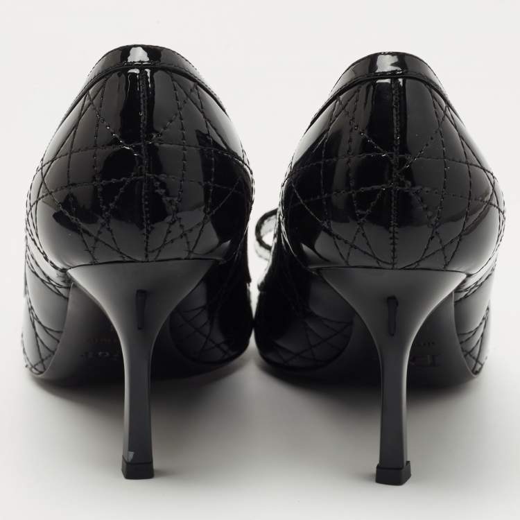 Pre Owned Christian Dior Black Patent Cannage Leather Bow Peep Toe Pumps Size 38