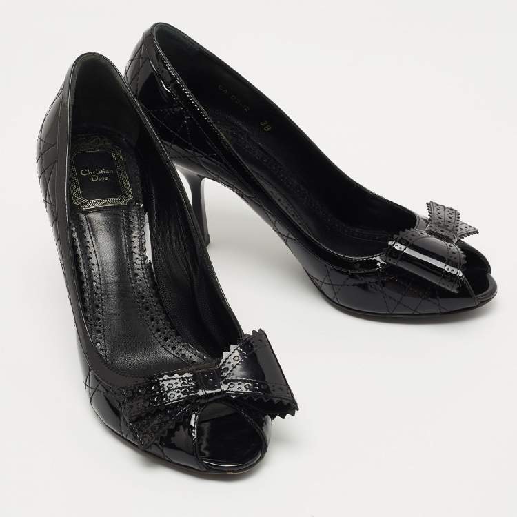 Pre Owned Christian Dior Black Patent Cannage Leather Bow Peep Toe Pumps Size 38
