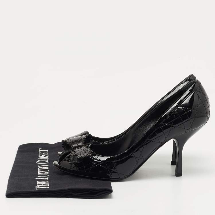 Pre Owned Christian Dior Black Patent Cannage Leather Bow Peep Toe Pumps Size 38