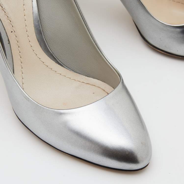 Pre Owned Dior Silver Leather Microcannage Block Heel Pumps Size 36