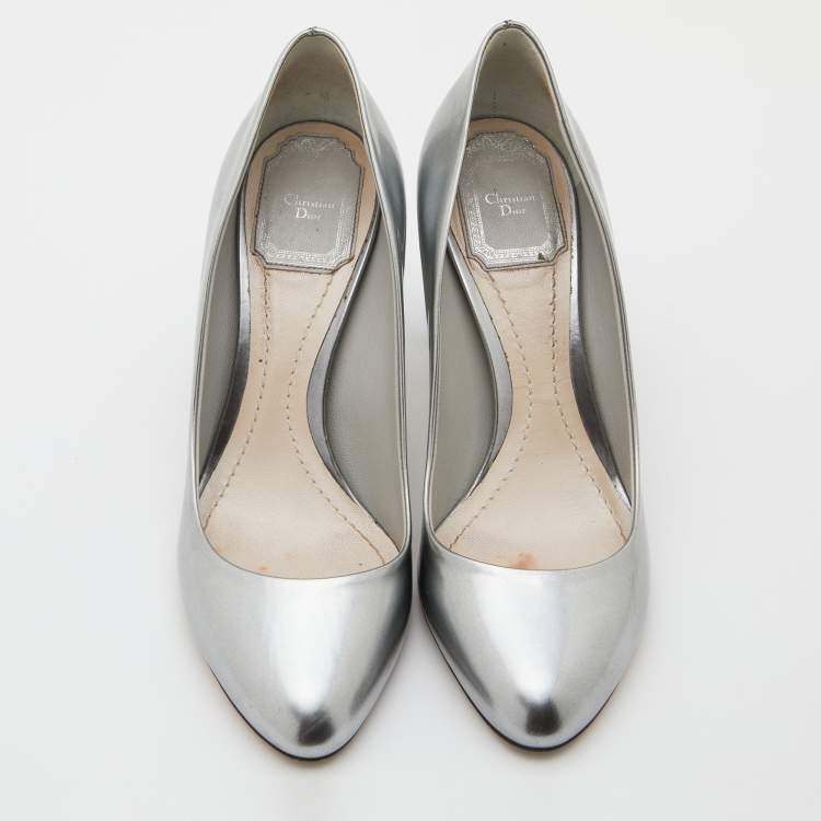 Pre Owned Dior Silver Leather Microcannage Block Heel Pumps Size 36