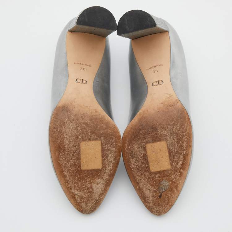 Pre Owned Dior Silver Leather Microcannage Block Heel Pumps Size 36