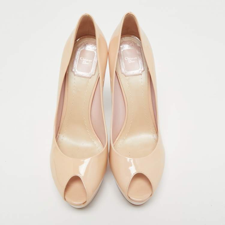 Pre Owned Dior Beige Patent Leather Cannage Heel Peep Toe Platform Pumps Size 40
