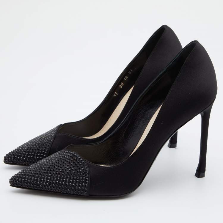 Louis Vuitton Black Satin Crystal Toe Heels Pumps Size 38.5