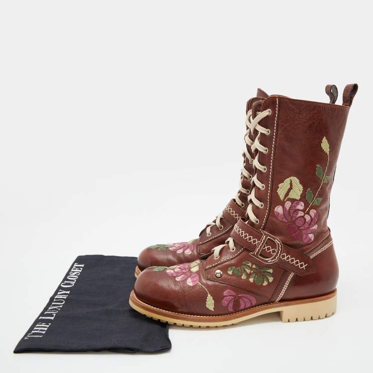 Pre Owned Dior Brown Leather Floral and Butterfly Embroidered Combat Boots Size 39