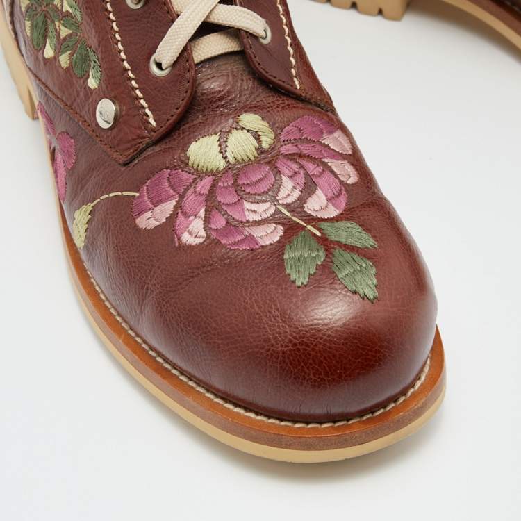 Pre Owned Dior Brown Leather Floral and Butterfly Embroidered Combat Boots Size 39
