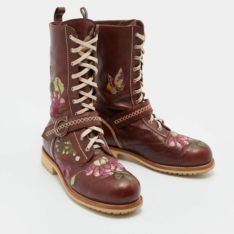 Pre Owned Dior Brown Leather Floral and Butterfly Embroidered Combat Boots Size 39