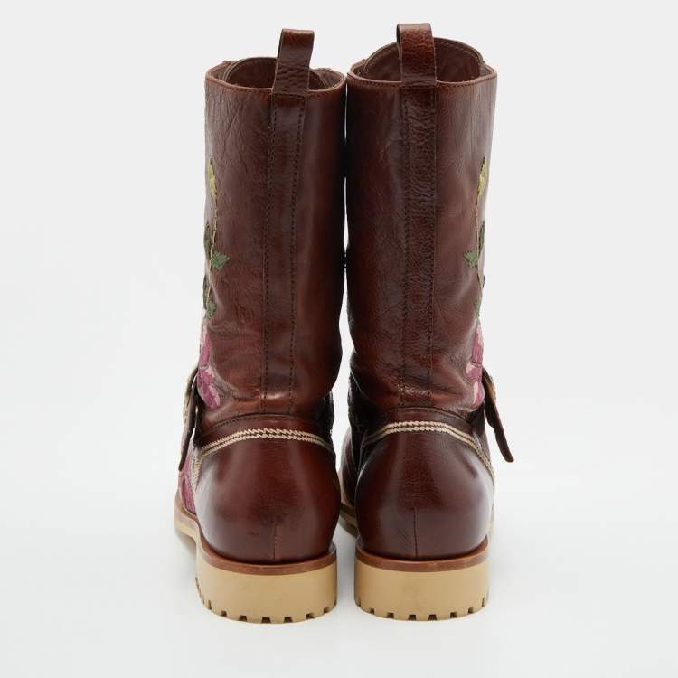 Pre Owned Dior Brown Leather Floral and Butterfly Embroidered Combat Boots Size 39