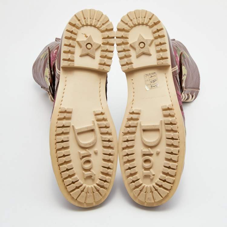 Pre Owned Dior Brown Leather Floral and Butterfly Embroidered Combat Boots Size 39