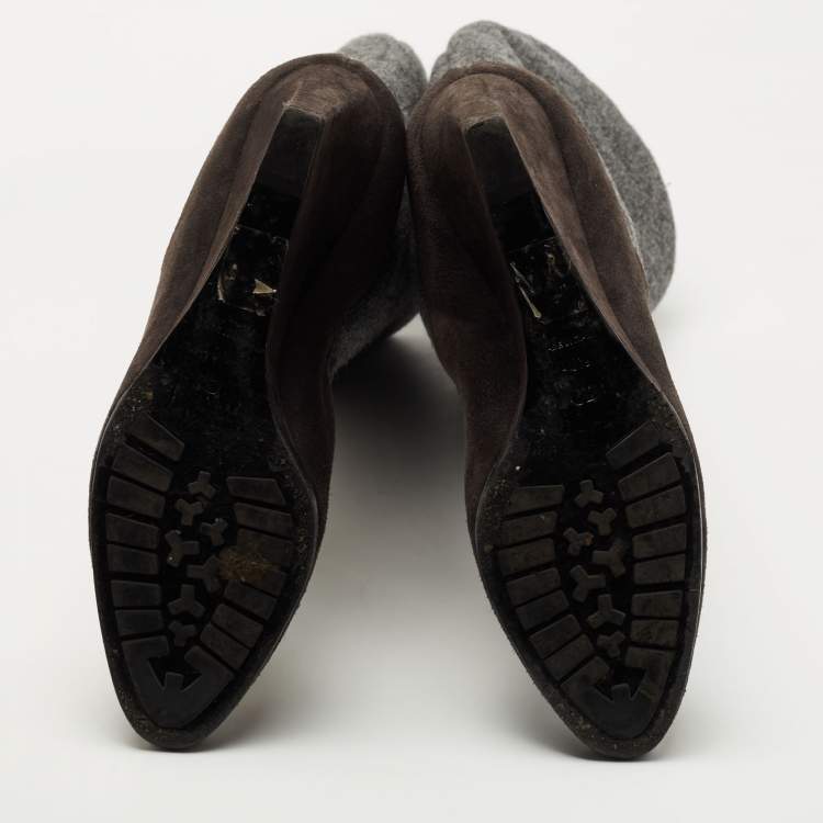 Pre Owned Dior Grey Suede and Wool Wedge Knee Length Boots Size 40.5