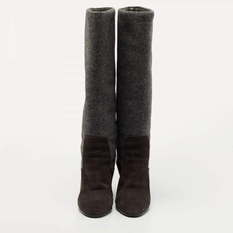 Pre Owned Dior Grey Suede and Wool Wedge Knee Length Boots Size 40.5