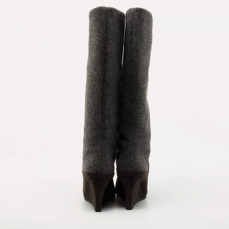 Pre Owned Dior Grey Suede and Wool Wedge Knee Length Boots Size 40.5
