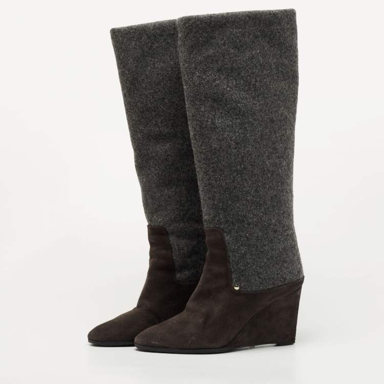 Pre Owned Dior Grey Suede and Wool Wedge Knee Length Boots Size 40.5
