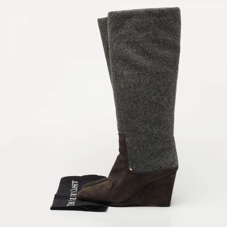 Pre Owned Dior Grey Suede and Wool Wedge Knee Length Boots Size 40.5