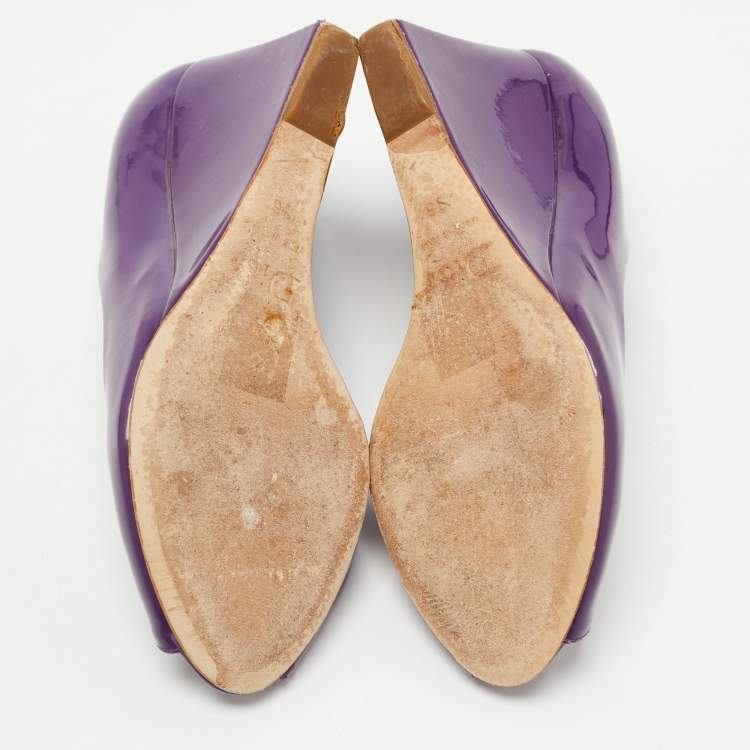 Pre Owned Dior Purple Patent Peep Toe Wedge Pumps Size 36