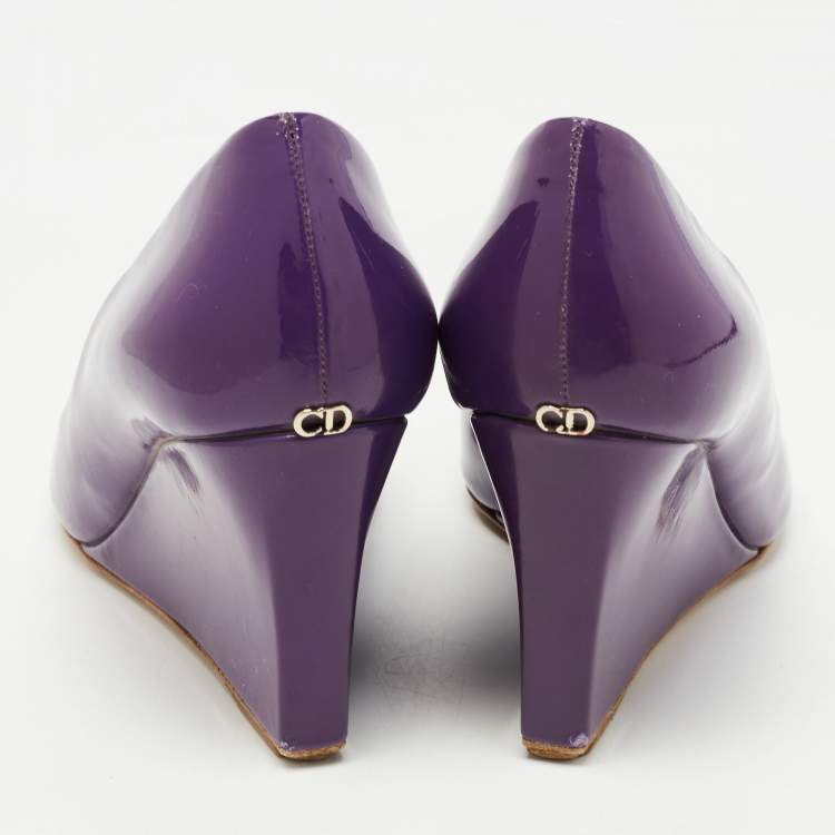 Pre Owned Dior Purple Patent Peep Toe Wedge Pumps Size 36