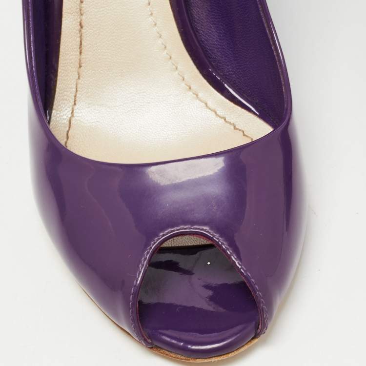 Pre Owned Dior Purple Patent Peep Toe Wedge Pumps Size 36