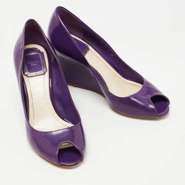 Pre Owned Dior Purple Patent Peep Toe Wedge Pumps Size 36