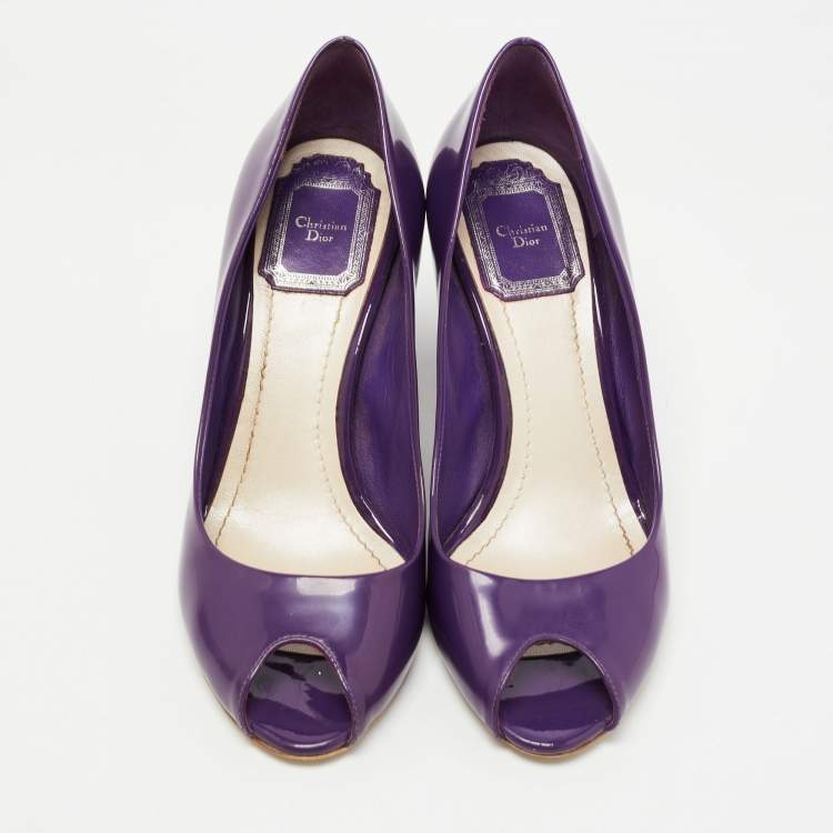 Pre Owned Dior Purple Patent Peep Toe Wedge Pumps Size 36