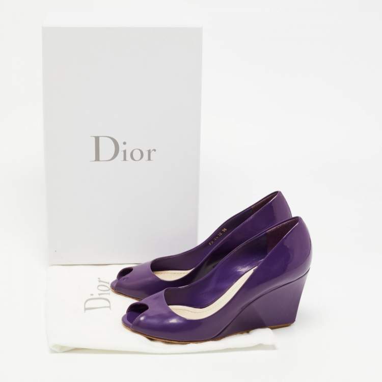 Pre Owned Dior Purple Patent Peep Toe Wedge Pumps Size 36