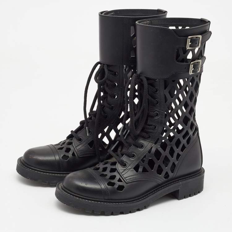 Pre Owned Dior Black Leather Laser cut Accents Combat Boots Size 37