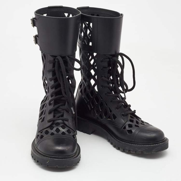 Pre Owned Dior Black Leather Laser cut Accents Combat Boots Size 37