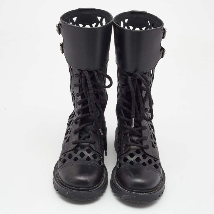 Pre Owned Dior Black Leather Laser cut Accents Combat Boots Size 37