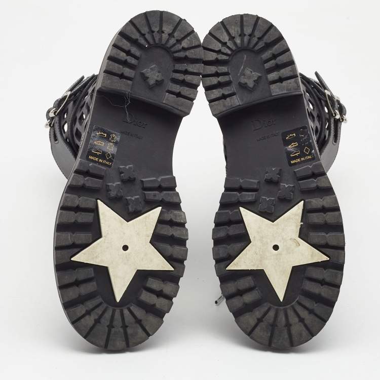 Pre Owned Dior Black Leather Laser cut Accents Combat Boots Size 37