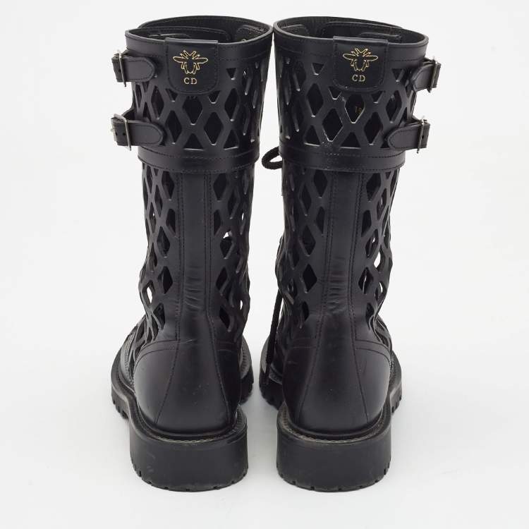 Pre Owned Dior Black Leather Laser cut Accents Combat Boots Size 37