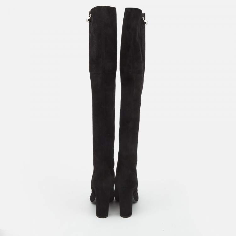 Pre Owned Dior Black  Suede Block Heel Knee Length Boots Size 38