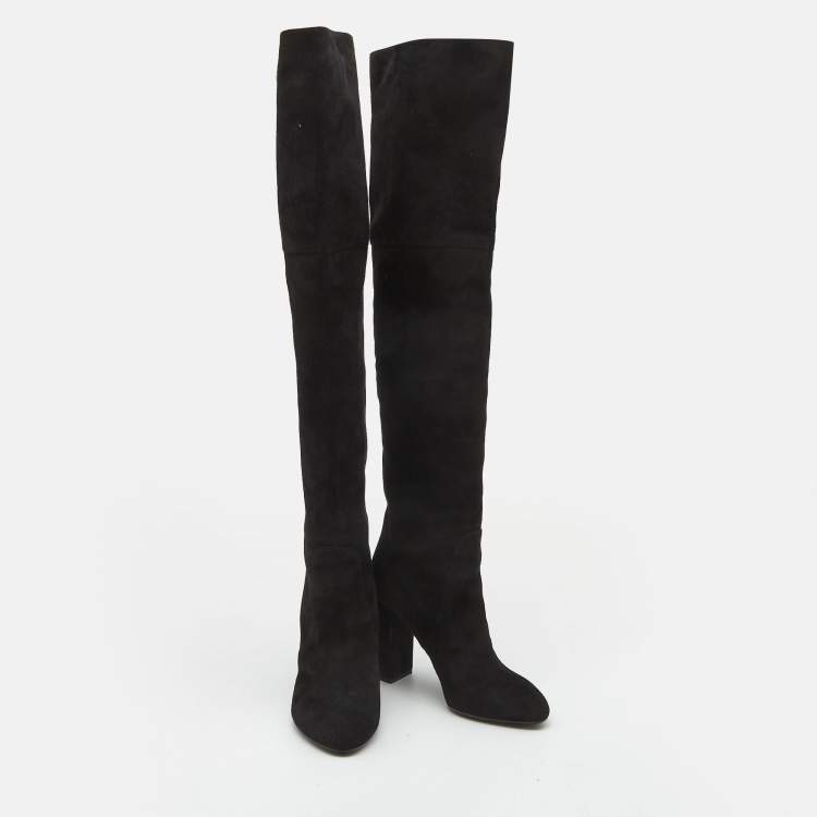 Pre Owned Dior Black  Suede Block Heel Knee Length Boots Size 38