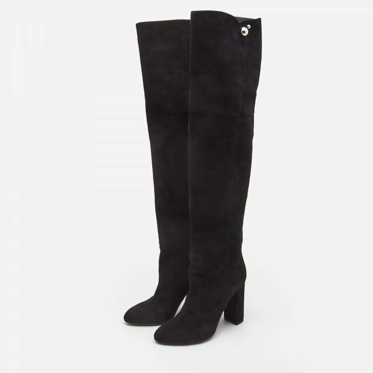 Pre Owned Dior Black  Suede Block Heel Knee Length Boots Size 38